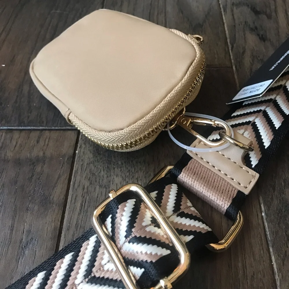Beige Crossbody Bag with Detachable Patterned Strap